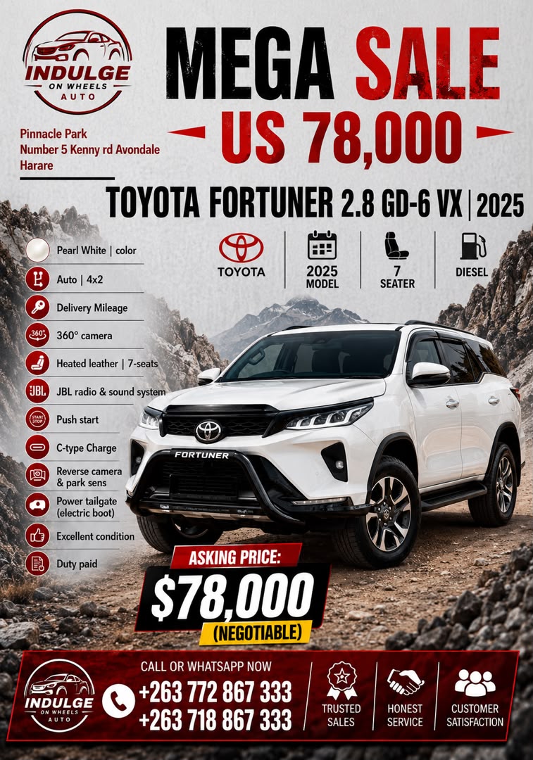 Toyota Fortuner 2.8 GD-6 VX for sale in Harare at Indulge On Wheels Auto