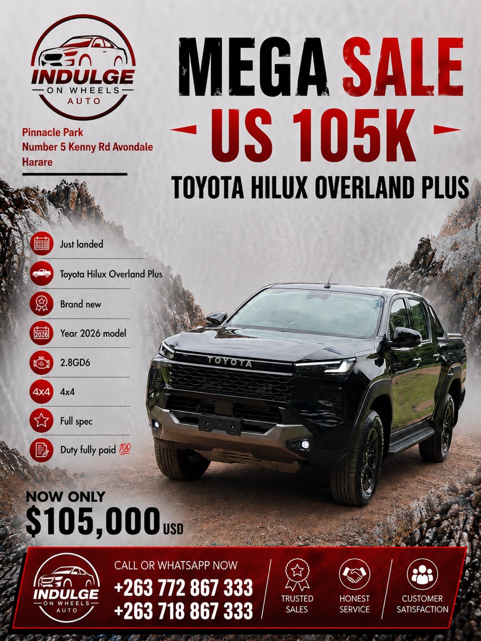 Toyota Hilux Overland Plus Black for sale in Harare at Indulge On Wheels Auto