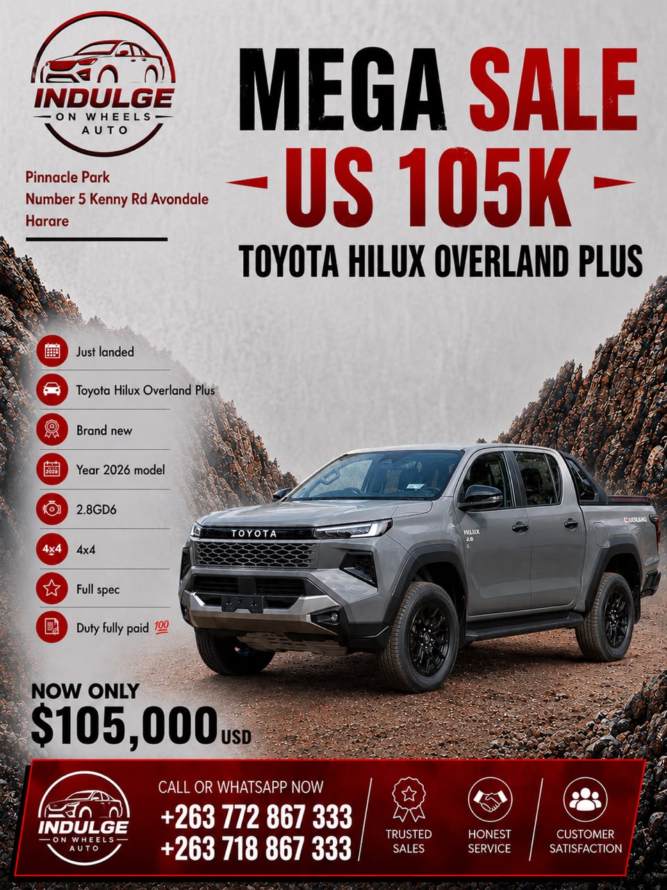 Toyota Hilux Overland Plus Grey for sale in Harare at Indulge On Wheels Auto