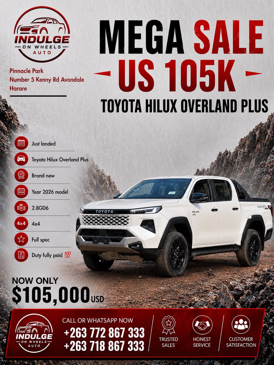 Toyota Hilux Overland Plus for sale in Harare at Indulge On Wheels Auto